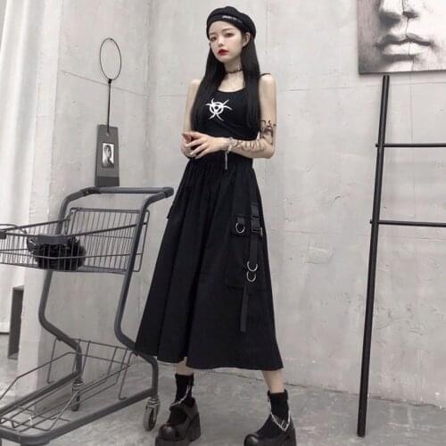 Korean Hip Hop Streetwear Harajuku High Waist Loose A-line Cargo Skiets chain Side Ring Pocket Midi Long Black Skirt OverSize