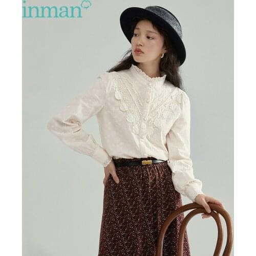 INMAN Autumn Winter Elegant Style Blouse Women Apricot Color Lace Joint Fuguns Stand Collar Celebrity 100% Cotton Shirt