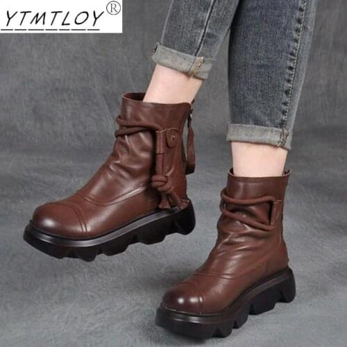2022 Winter Womens Winter Boots Non-slip Brown Lace-up Platform Wedge Heel Buckle Pu Womens Ankle Boots Zapatos De Mujer