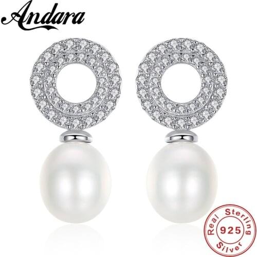 Luxury Brand Natural Pearl Stud Earring Silver 925 Jewelry Big Circle Round Earring for Women Wedding