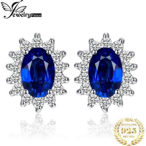 JewelryPalace Diana Created Blue Sapphire Stud Earrings 925 Sterling Silver Earrings For Women Korean Earings Fashion Jewelry