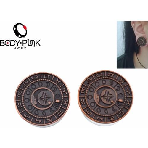 BODY PUNK Burnished Rose Gold Zodiac With Steel Plugs And Flesh Tunnel Earrings For Women Fashion Piercing Body Jewelry 14 Size