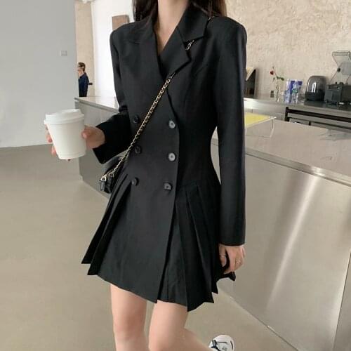 Suit Black Dress Women Button New Style Korean Thin Waist Hepburn Mini Dresses Solid Notched Pleated Vestidos Female Trend