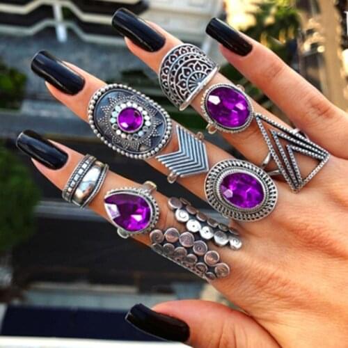 9PCS Vintage Silver Purple Crystals Ring Band Kit Midi Knuckle Finger Ring Set Women Bohemia Fashion Jewelry X4YA