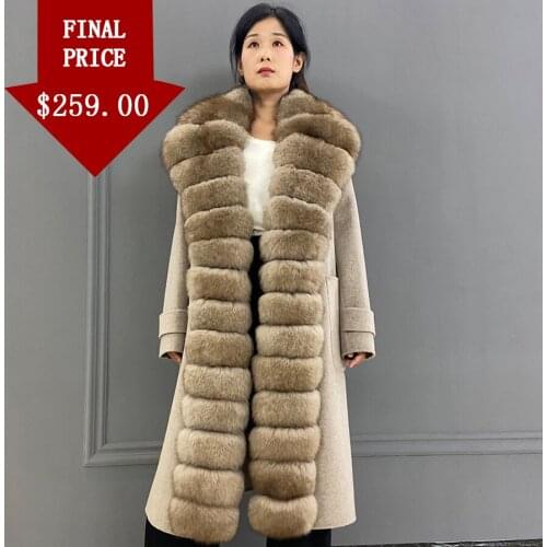 Women Wool Blend Coat 2021 New Autumn Winter Warm Outwear Real Fox Fur Collar Knee-Length Overcoat