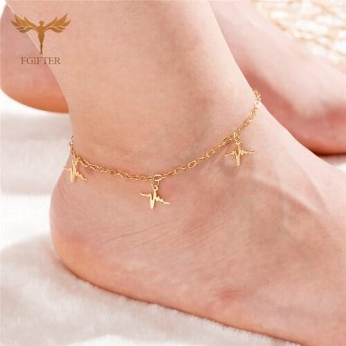 Golden ECG Pendant Anklet for Women Stainless Steel Accessories Beach Jewelry Vacation Essential Ankle Chain