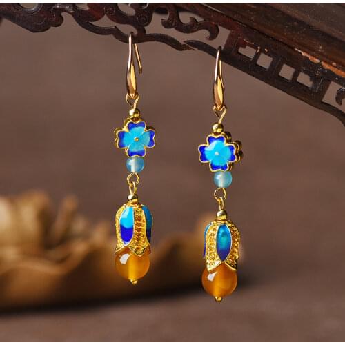 New Cloisonne vintage flower earrings for women,green colored glaze Ethnic earrings jewelry,fashion yellow dangle earrings