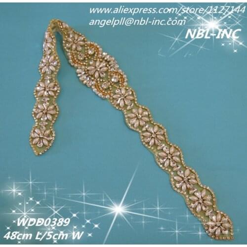 30pcs) Wholesale hand sew iron on beaded bridal sash clear crystal rhinestone gold applique for wedding dress sash belt WDD0389