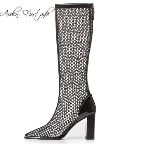 Arden Furtado Summer Fashion Womens Shoes Sexy Elegant Ladies Boots Classics Mature chunky heels pointed toe mesh boots