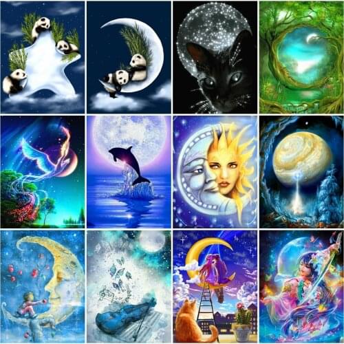 AZQSD Full Square Diamond Embroidery Moon Mosaic Rhinestones Handicraft Diamond Painting Landscape Cross Stitch Home Decor