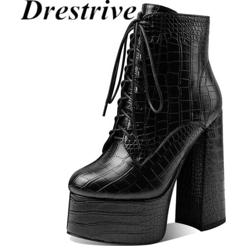 Drestrive Women Ankle Boots Pu Leather Platform Cross Tied Round Toe 2021 Winter Shoes Thick Supper High Heels Size 43 Lace Up