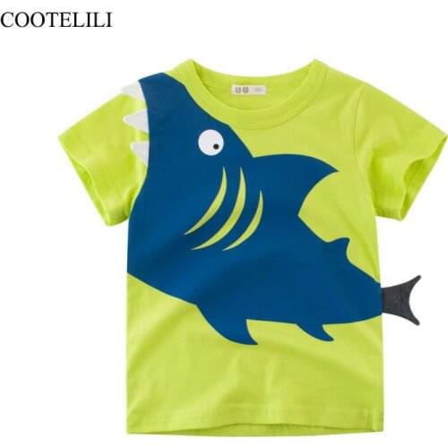 COOTELILI Cute Cartoon Children Tees 3d Fish Tops Kids Boys T-Shirt Children Clothes Yellow Green Short Animal Shirt 90-140cm