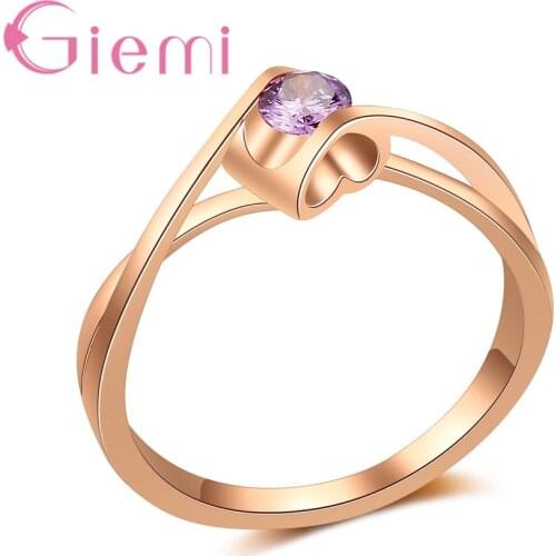 Hot Sale Style New Rose Gold Purple Shiny Crystal Heart Shape Modern Personality Ring For Women Girl Valentines Day Gifts