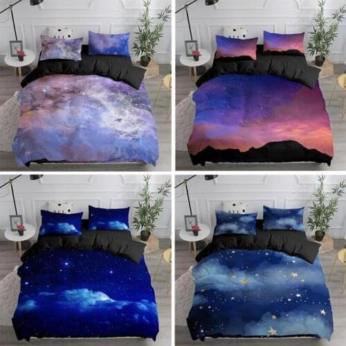 Starry Night Sky Bedding Set 3D Print Moon & Star Blue Sky Gradient Color Comforter King Size Bed Sheet Pillowcases Duvet Cover