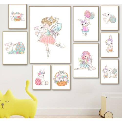 Rabbit Wing Flower Butterfly Egg Balloon Girl Wall Art Canvas Painting Nordic Posters And Prints Wall Pictures Kids Room Decor