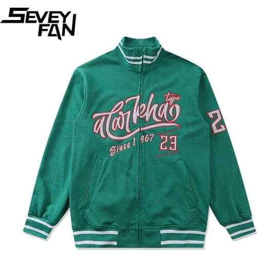 SEVEYFAN Mens Fashion Letters Embroidery Baseball Jacket Hip Hop Oversize Sweatshirt for Couples