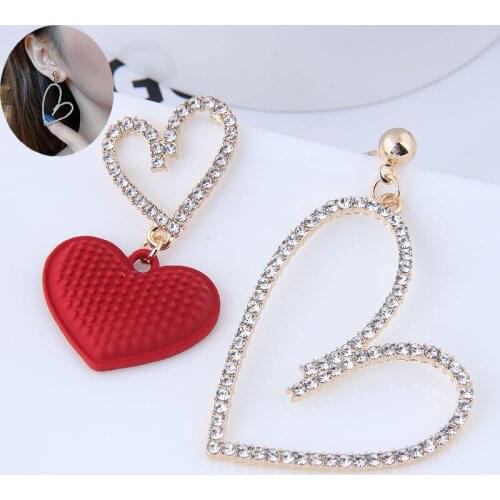 Kymyad Crystal Stud Earrings For Women Heart Asymmetrical Earrings Stylish Crystal Stone Red Big Earings Fashion Jewelry