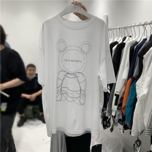 Summer Ladies Korean Beading Bear T-shirt Street Wear Loose Short Sleeve Oversize Long Top Womens Casual White Cotton Tshirts