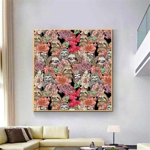 Many Sloths Abstract Animal Plants Canvas Painting Impressionist Poster Print Interior for Living Room Home Decor