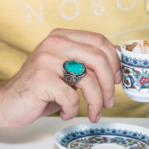 Aqua Quartz Stone Sword Silver Men 'S Ring