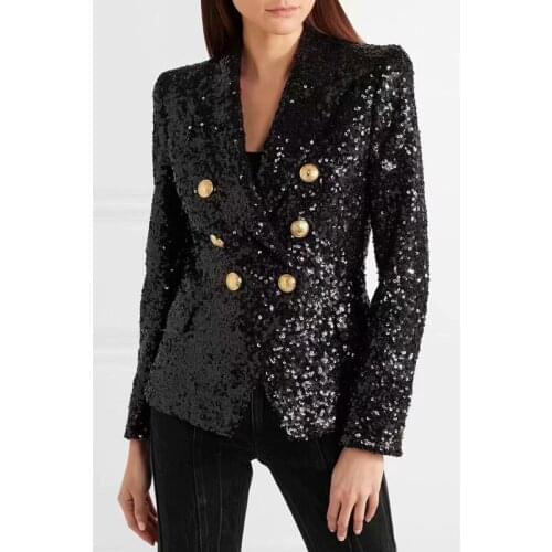 New 11.8 HIGH QUALITY Fashion 2021 Designer Jacket Womens Lion Buttons Double Breasted Shimmer Sequined Blazer