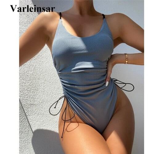 New Sexy 2021 Lace Up Ribbed High Cut One Piece Swimsuit Women Swimwear Female Padded Solid Bather Bathing Suit Swim Lady V3170