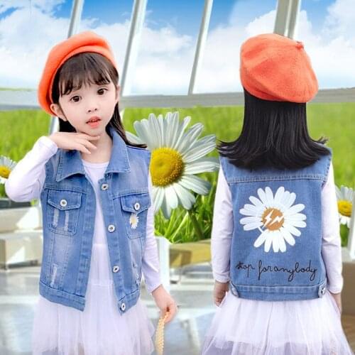 Toddler Baby Kids Jeans Vest For Little Girl Sleeveless Flower Floral Denim Waistcoat Coats Clothes New 1 2 3 4 5 6 Years Old
