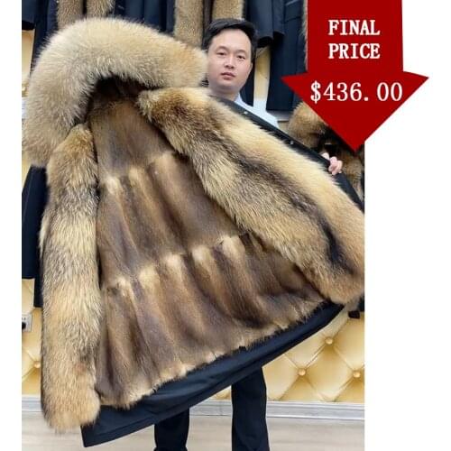 Parka With Natural Fur Coat Men Real Muskrat Fur Jacket Winter Long Hooded Jackets High Quality Outwear Raccoon Fur Collar