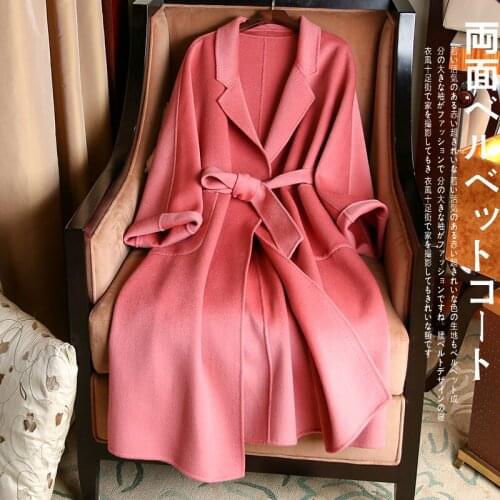 Pink Double-sided Cashmere Wool Coat Women 2020 Winter High quality Warm Slim Long Wool Coats With belt Female Wool Overcoat