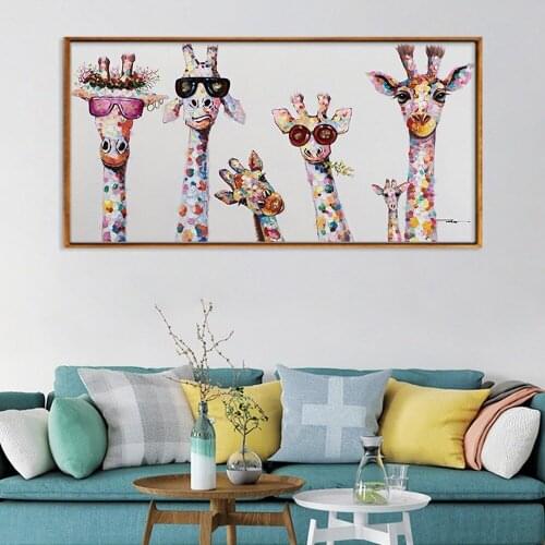 Happy Giraffe Family Canvas Painting Cartoon Animal Print Poster Cute Children Room Bedroom Wall Art Decoration Hanging Pictures
