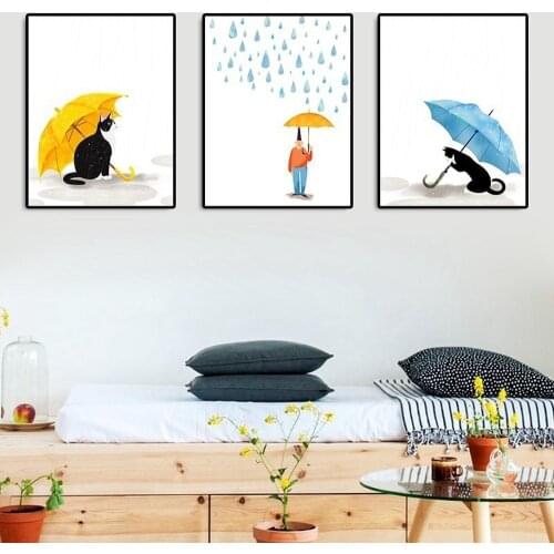 Nordic Simple Cartoon Decorative Painting Cute Cat Umbrella Poster Family Children Room Kindergarten Wall Art Canvas Pictures