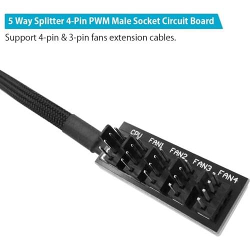 Extension Cable Splitter Adapter Controller 1 to 5 PWM Fan Hub Adapter 4-Pin Sleeved Power Cable for CPU Cooler PC Case Fan
