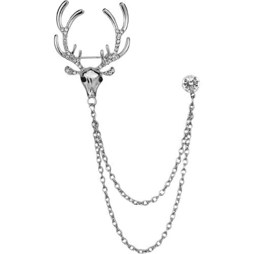 Unisex Jewelry Rhinestone Deer Elk Chain Brooch Pins Lapel Pin Shirt Suit Brooches Accessories Gift For Women Men