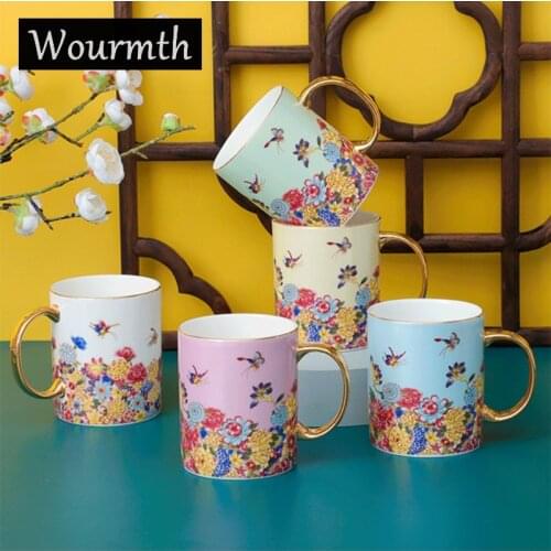 Wourmth 400ML Chinese-style Bone China Mug Colorful Flowers Coffee cup Light luxury Painted Milk Tea Mug Lovers Mugs Nice Gift