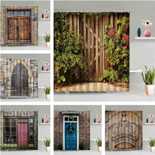 Wooden Door Shower Curtain Green Plant Flower Wall Bathroom Waterproof Hanging Curtains Bathtub Screen Home Decor With Hook Set