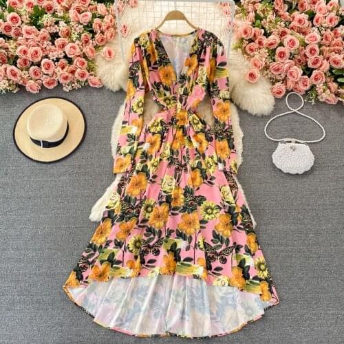 Bohemian Vacation Beach Long Dress Women Sexy V-Neck High Waist Printed Irregular Maxi Vestidos Female Pink/Red Party Robe