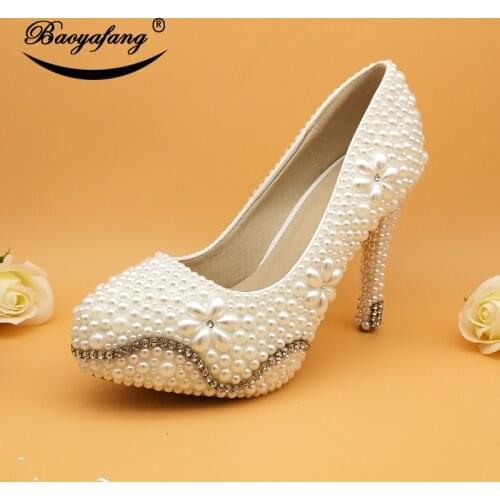 BaoYaFang White beads Wedding shoes Crsytal Pearl fashion shoes Woman High Thin Heels party dress shoes round Toe big size