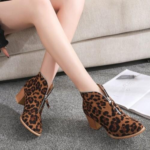 Women Shoes High Heel Suede Zipper Ankle Boots Female Autumn Casual Mujer Leopard Booties Feminina Slip On Shoes Winter