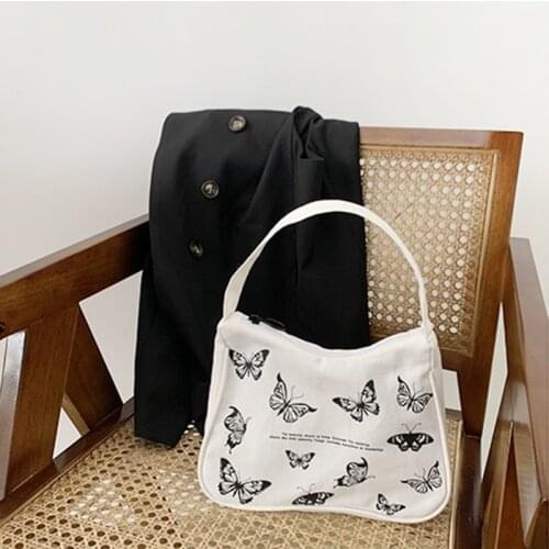 Carvas Underarm Bag Butterfly Printed Purse Clutch Bags Retro Shoulder Bag with Zipper Mini Tote Handbag for Women