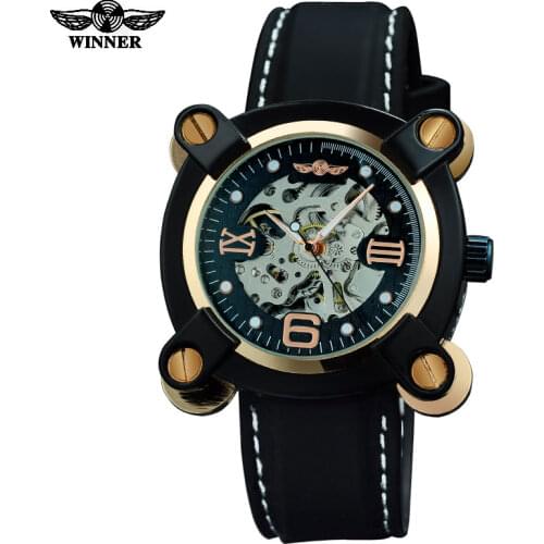 2016 Winner watches men luxury brand sports military fashion skeleton automatic wind mechanical watches rubber band wristwatches