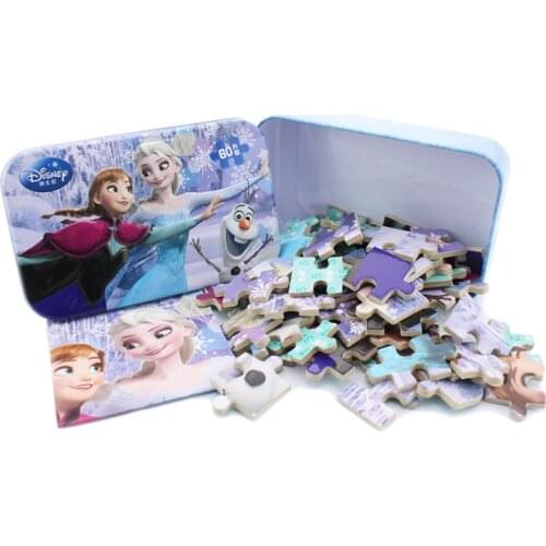 60pcs Frozen Theme Wood Puzzle Jigsaw with Iron Box Princess Elsa Anna Jigsaw Board Kids Birthday Party Gift Toy Supplies