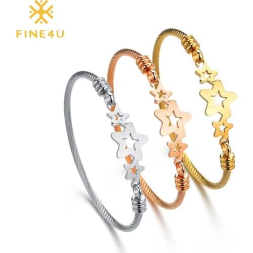 FINE4U Cute Star Shape Bangle for Women Mothers Girls Stainless Steel Twisted Cable Wire Jewelry Women Love Gift B01848