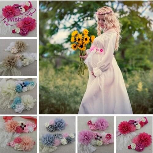 Nishine Fashion Handmade Chiffon Flower Belt and Headband Set Glitter Bowknot Women Sash Adjustable Waistband Dress Ornaments