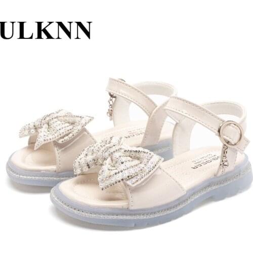 ULKNN Girls Lovely Bowknot Sandals The Summer Of 2021 The New Princess Shoes Beach White Pink Slip Durable High Quality Sandals