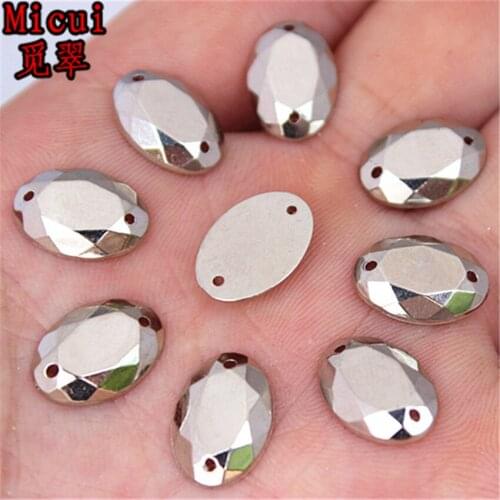 Micui 100PCS 10*14mm Oval Acrylic Rhinestones Sewing Crystals Stone Sewing Flatback Appliques Sew On for Crafts Clothes MC734