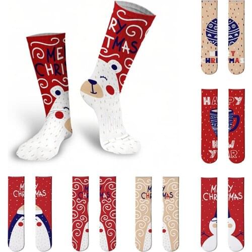 Fashion Red Series Women Cotton High Knee Socks School Girls Calf Socks Funny Cartoon Stitching Pattern Socks Christmas Gifts