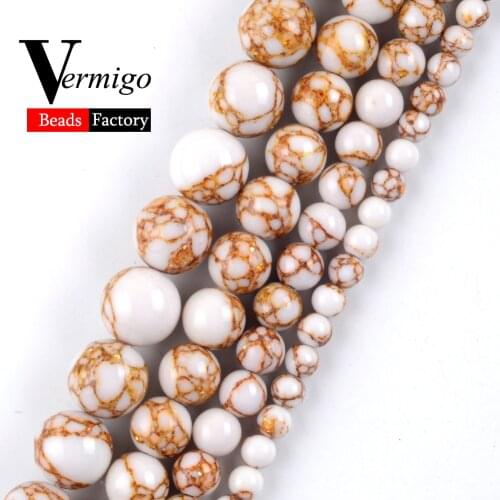 Wholesale Natural Gold Line White Turquoises Beads Round Stone Beads For Jewelry Making 4 6 8 10mm Diy Bracelet Perles 15"