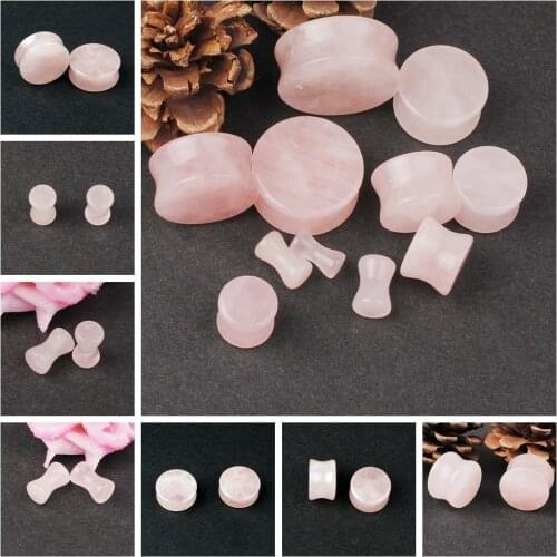 Pair Pink Quartz Organic Stone Ear Flesh Tunnels Plugs Ear Gauges Expander Stretcher Size Ear Expander Body Piercing Jewelry