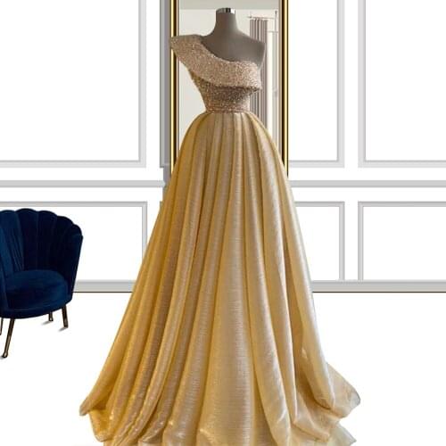 Champagne A-line Beaded Prom Dresses robe de soirée de mariage One Shoulder Elegant Dress Women For Party выпускное платье