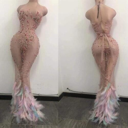 Multicolor Feather Dresses Rhinestones Pearl Printing Decoration Sleeveless Performance Party Dress Women Nightclub Outfit